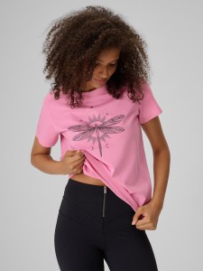 4F T-shirt regular z nadrukiem damski - różowy S