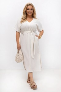 Sukienka kimonowa ecru Mila z paskiem | 100% wiskoza | PLUS SIZE OVERSIZE