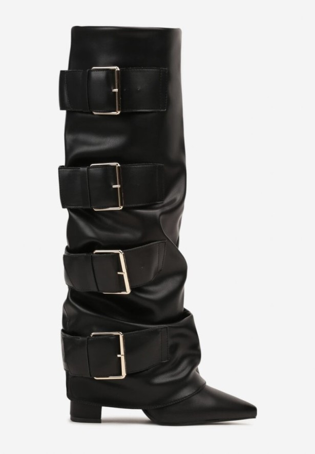 Czarne Marszczone Kozaki na Słupkowym Obcasie Zdobione Sprzączkami Arqellia