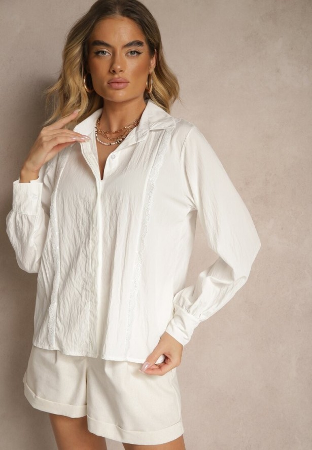 Biała Koszula z Wiskozą Ozdobiona Koronką Tenamara