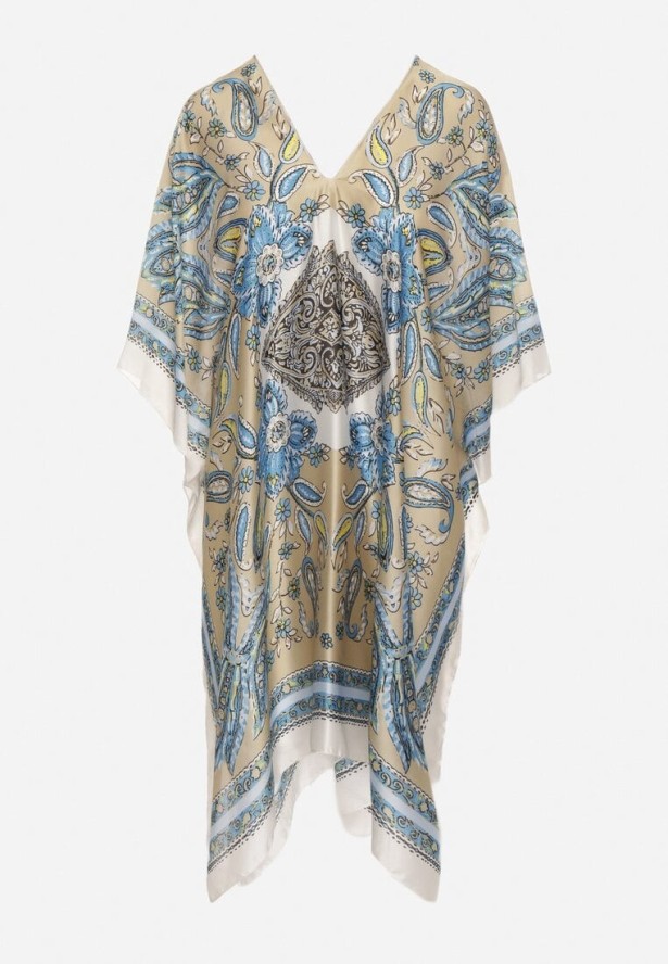 Beżowe Lekkie Ponczo Narzutka z Jedwabiu i Wiskozy w Ornamentalny Wzór Azendia