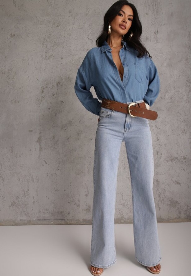 Niebieska Denimowa Koszula z Bawełną i Kieszonką Worimi