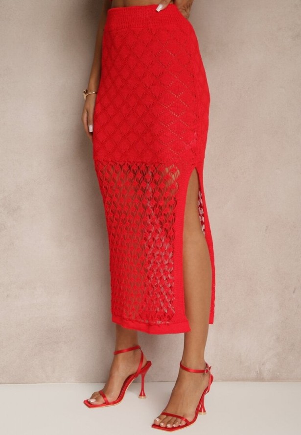 Czerwony Dzianinowy Komplet Top na Ramiączkach i Spódnica z Siateczkowej Tkaniny Tiarienne