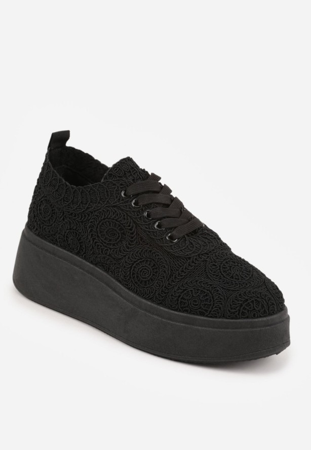Czarne Sneakersy z Plecionki na Grubej Podeszwie w Stylu Boho Dacara