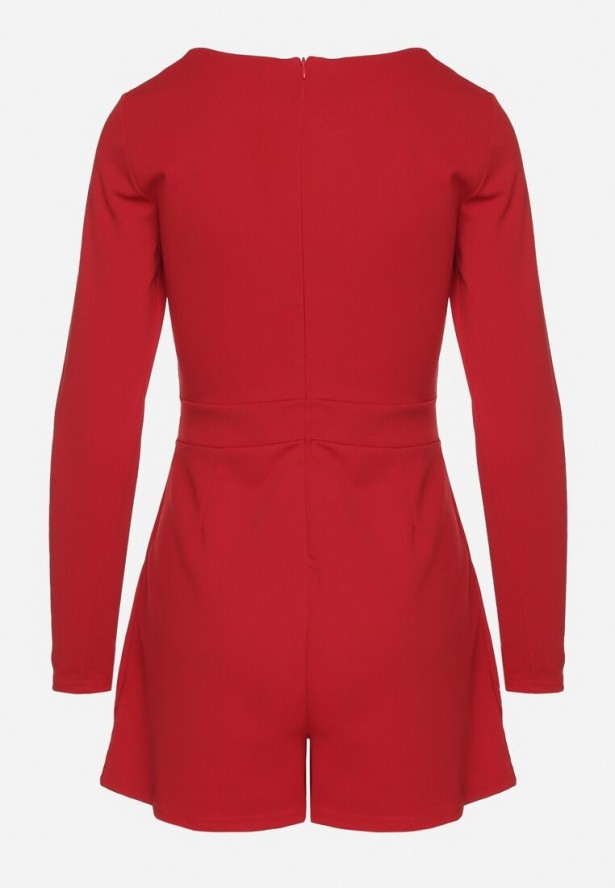 Czerwony Kombinezon z Wiskozą z Dekoltem w Serek i Zakładkami Adivina