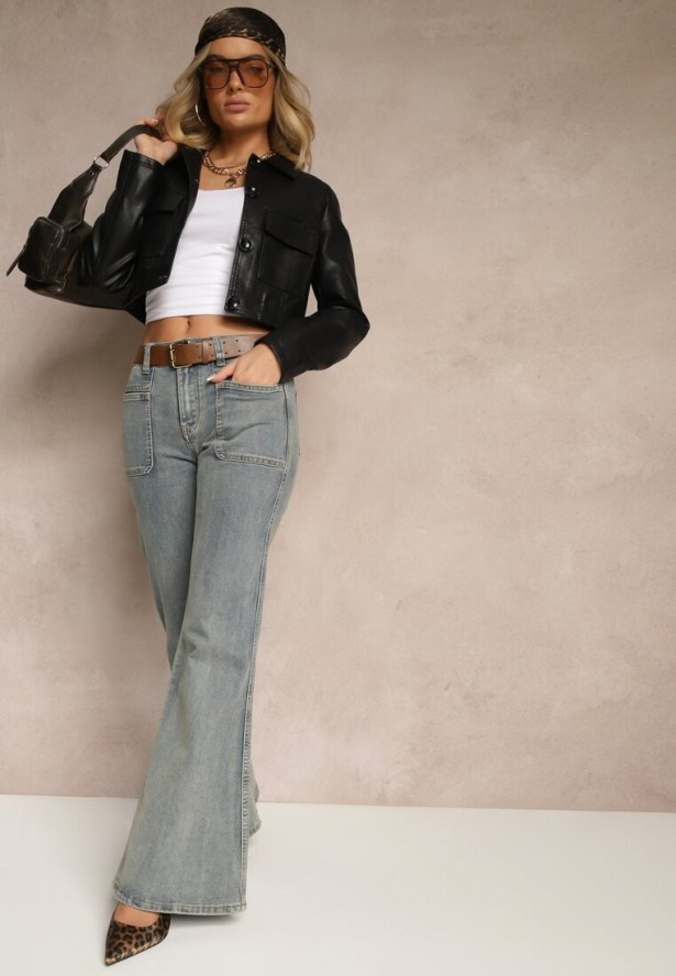 Czarna Koszulowa Kurtka z Ekoskóry o Krótkim Kroju z Kieszeniami Sesadoris