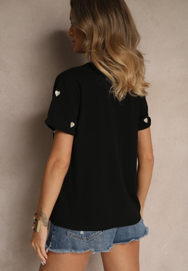 Czarny Bawełniany T-shirt z Motywem Serc Aramiraa
