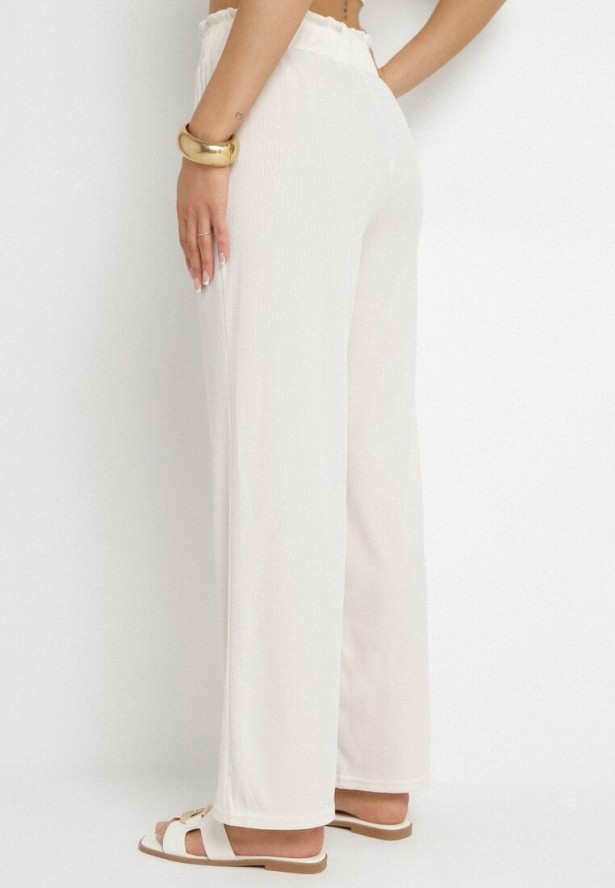 Jasnobeżowe Spodnie Paper Bag z Gumką w Talii i Wysokim Stanem Lunavia