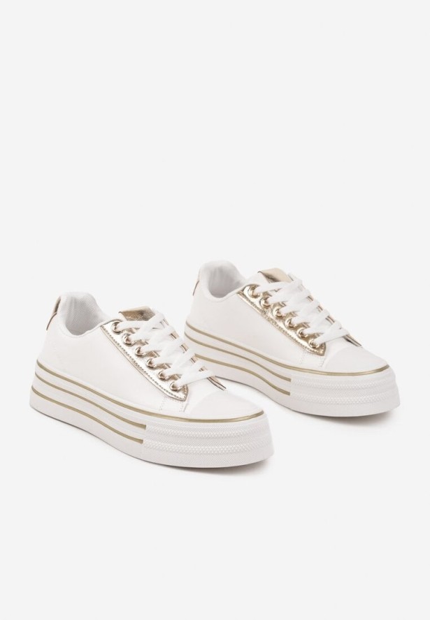 Biało-Złote Casualowe Trampki na Grubej Podeszwie Peliren