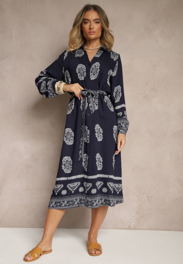 Granatowa Sukienka Koszulowa Wiązana w Pasie w Stylu Boho Rorisha