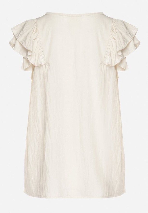 Jasnobeżowa Bluzka z Wiskozą Ozdobiona Falbankami Divestra