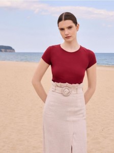 Lniana spódnica z paskiem - beżowy