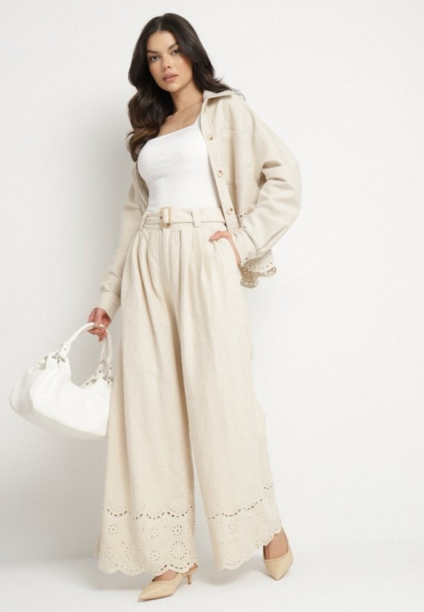 Beżowe Spodnie Szerokie z Bawełny Ozdobione Haftem z Paskiem Ulsemi