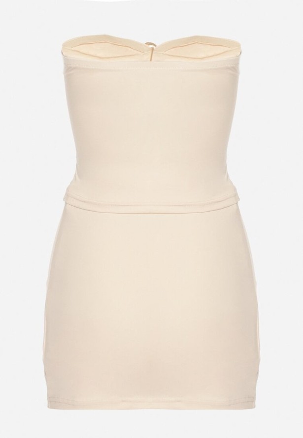 Beżowy Komplet z Wiskozą Zdobiony Klamrami Top Bez Rękawów i Spódnica Mirasenia