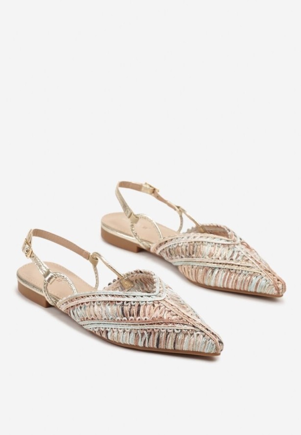 Ciemnobeżowe Sandały Typu Slingback z Metaliczną Nicią i Plecioną Cholewką Nilavalia