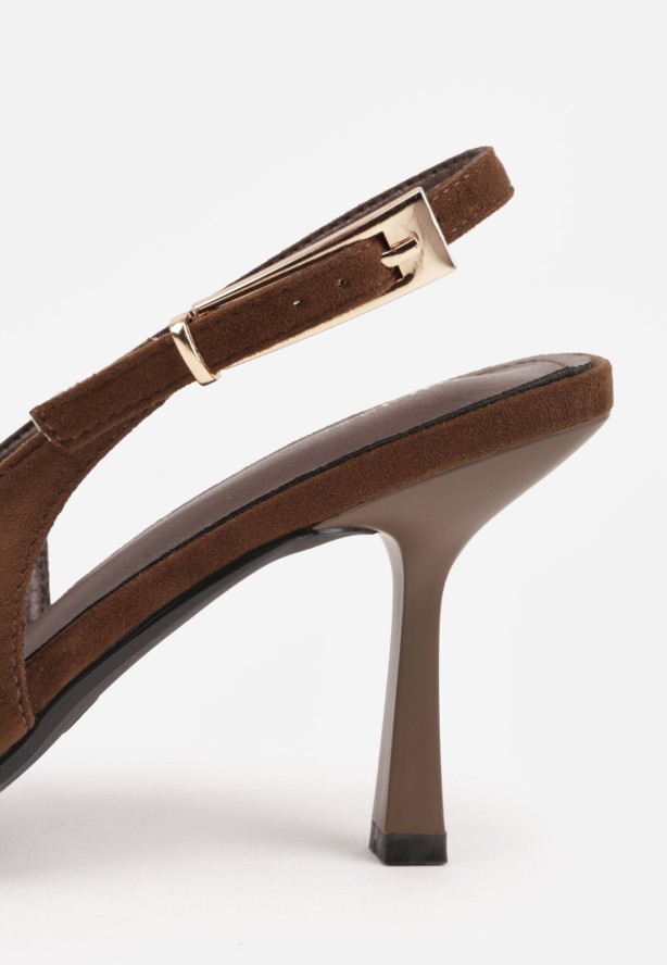 Brązowe Szpilki VICES z Imitacji Zamszu z Odkrytą Piętą i Podłużną Klamrą Natterea