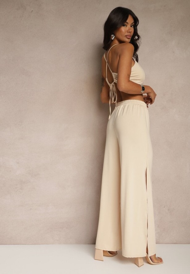 Beżowy Komplet z Wiskozą Wiązany Top i Spodnie o Szerokim Kroju z Rozcięciami Zilavira