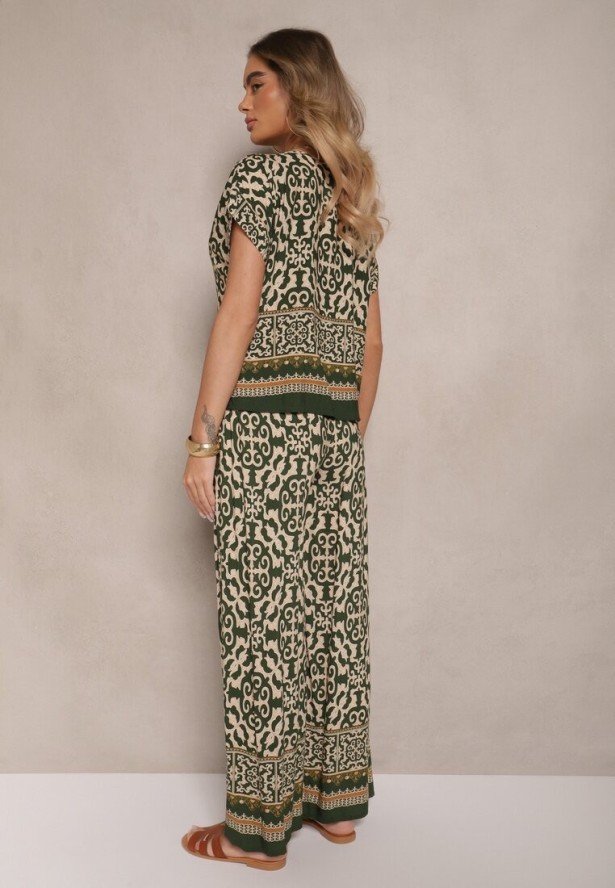 Ciemnozielony Komplet Spodnie i Bluzka z Bawełny w Ornamentalny Print Nanitria