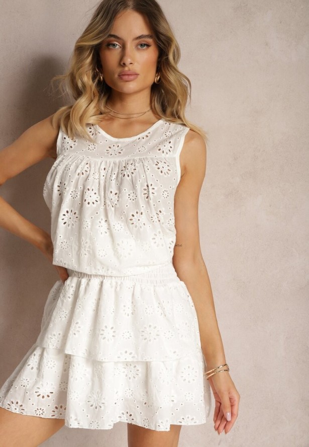 Biała Ażurowa Bluzka Top z Bawełny Bez Rękawów Aalnea