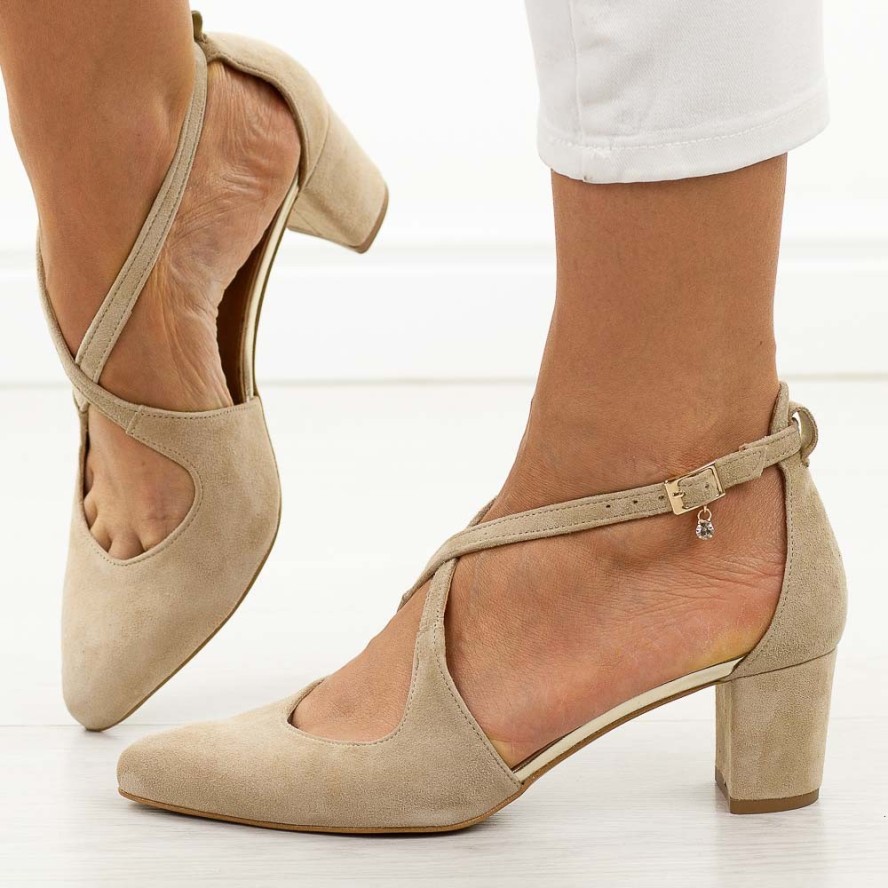 Beżowe zamszowe skórzane czółenka damskie na słupku Prestige 2222