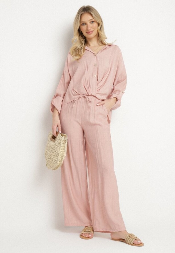 Różowy Wiskozowy Komplet Oversize Koszula i Spodnie z Gumką w Talii Natilira