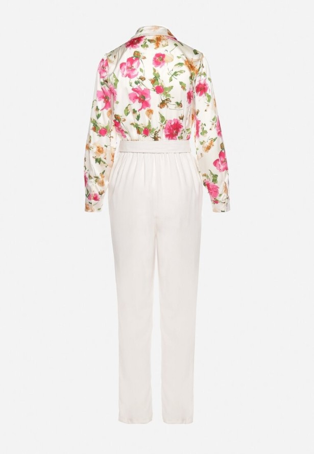 Jasnobeżowy Kombinezon z Koszulową Górą w Kwiaty i Wiązanym Paskiem Sorjana