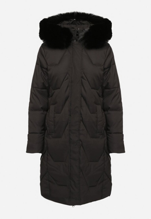 Czarna Kurtka Pikowana o Długim Fasonie z Kapturem i Futrem Vertizola