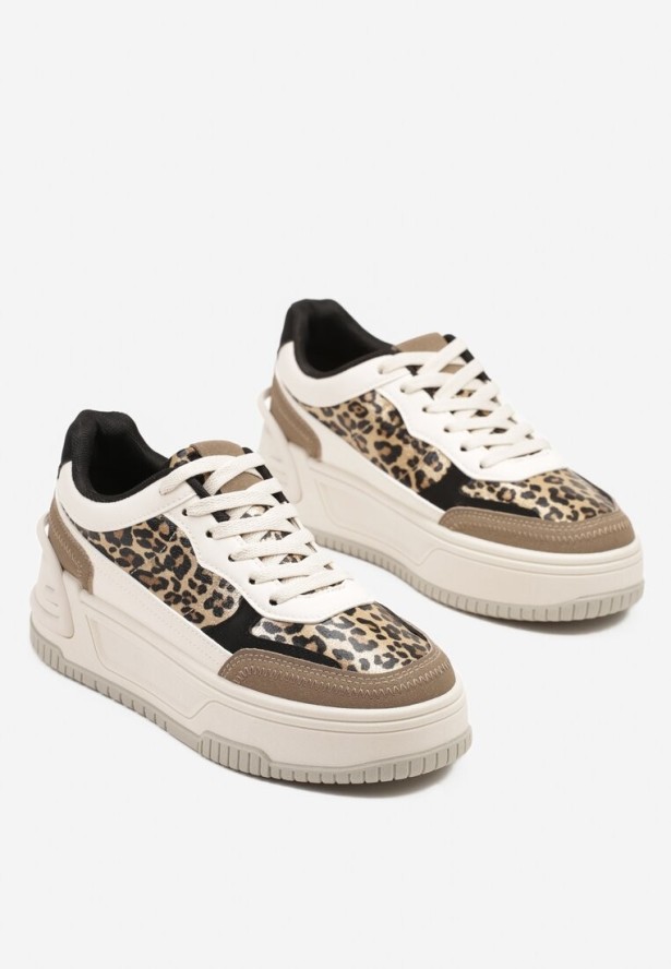 Beżowo-Brązowe Sneakersy na Tłoczonej Platformie Ozdobione Wzorem w Panterkę Deoranae