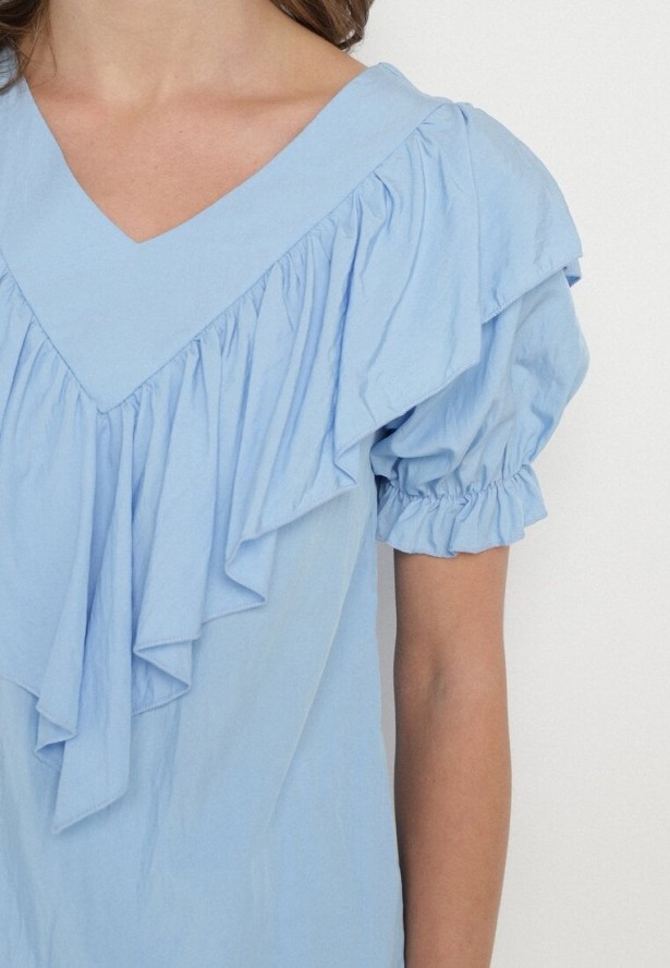 Jasnoniebieska Bluzka z Wiskozą i Falbankami Fadevia