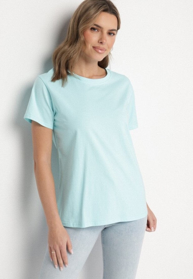 Jasnoniebieski Gładki T-shirt z Bawełny o Klasycznym Kroju Natime