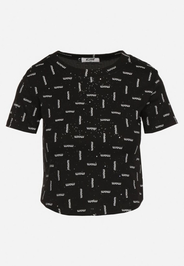 Czarny Bawełniany T-shirt z Brokatem Olinithra