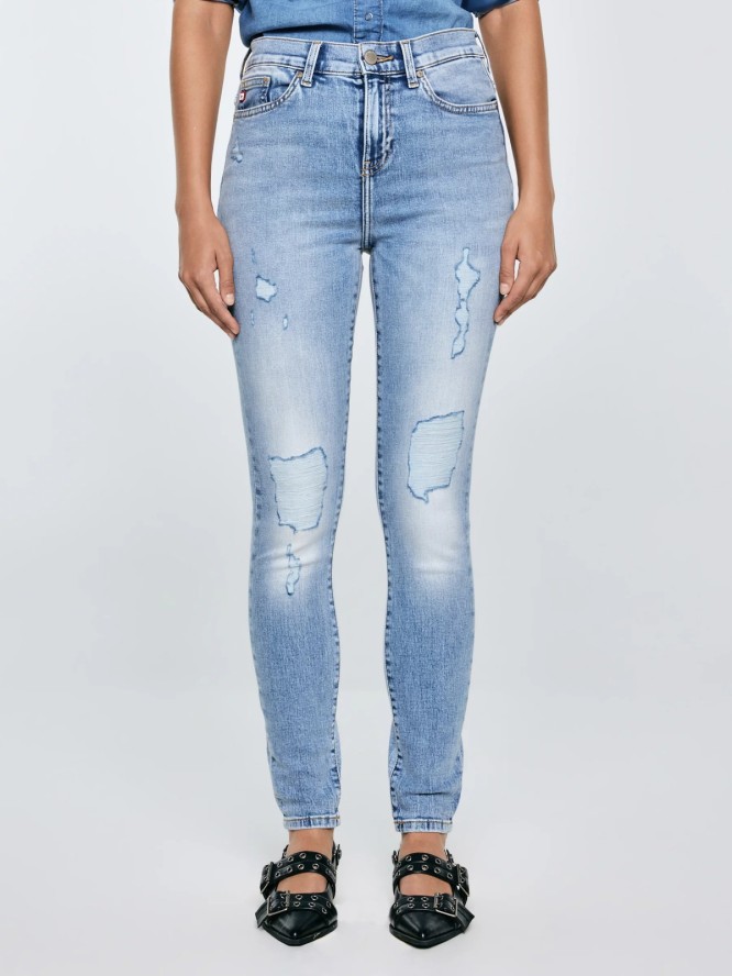 Jeansy damskie z wysokim stanem z przetarciami jasnoniebieskie Adela High Waist 156