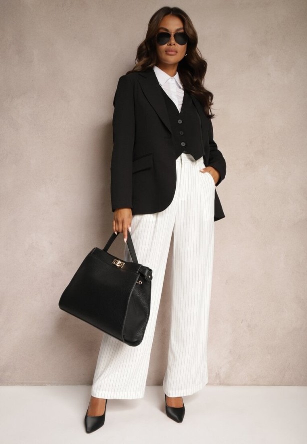 Białe Spodnie Szerokie w Garniturowym Stylu w Delikatne Prążki Tsalena