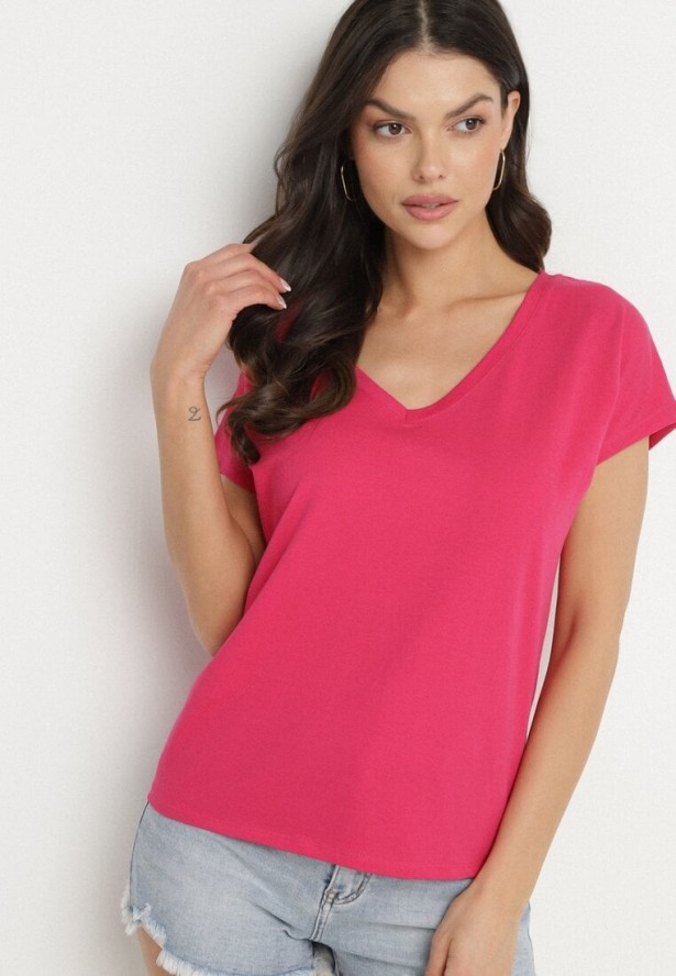 Fuksjowy Bawełniany T-shirt z Trójkątnym Dekoltem Linarosea