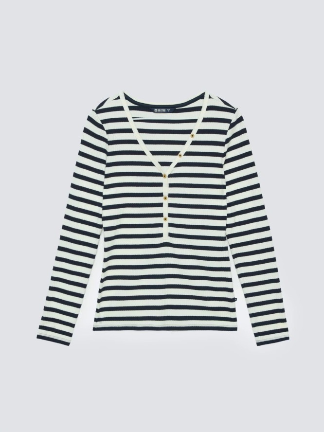 Bluzka damska z dekolotem v-neck w paski granatowa Mella 403