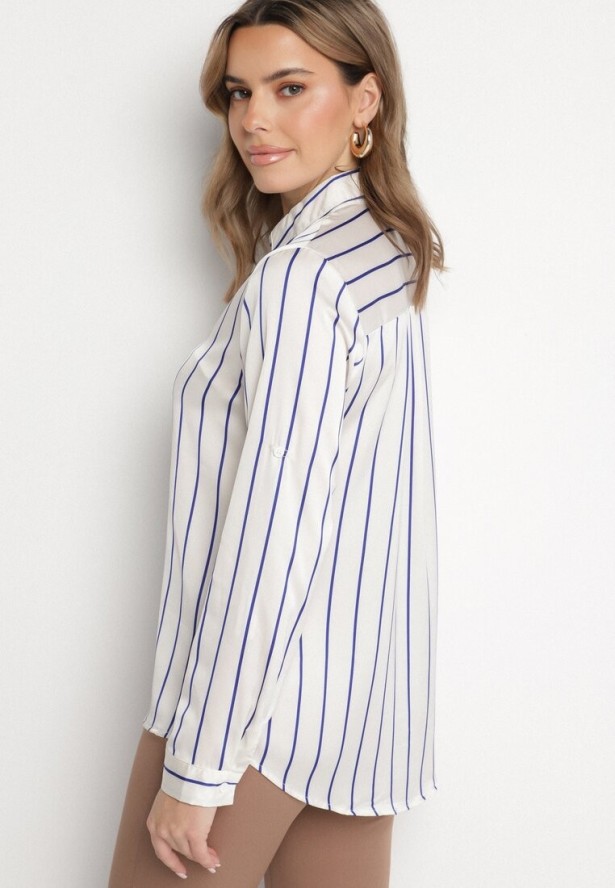 Biało-Niebieska Koszula w Delikatne Paski z Podpinanymi Rękawami Berraza