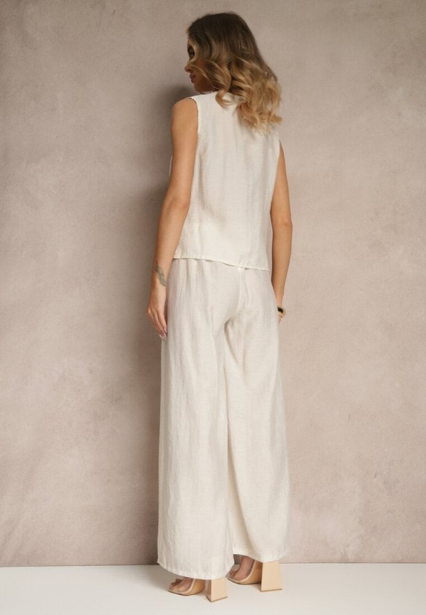 Jasnobeżowy Komplet z Lnem Spodnie o Szerokim Kroju i Bluzka z Wiązaniem Idanira