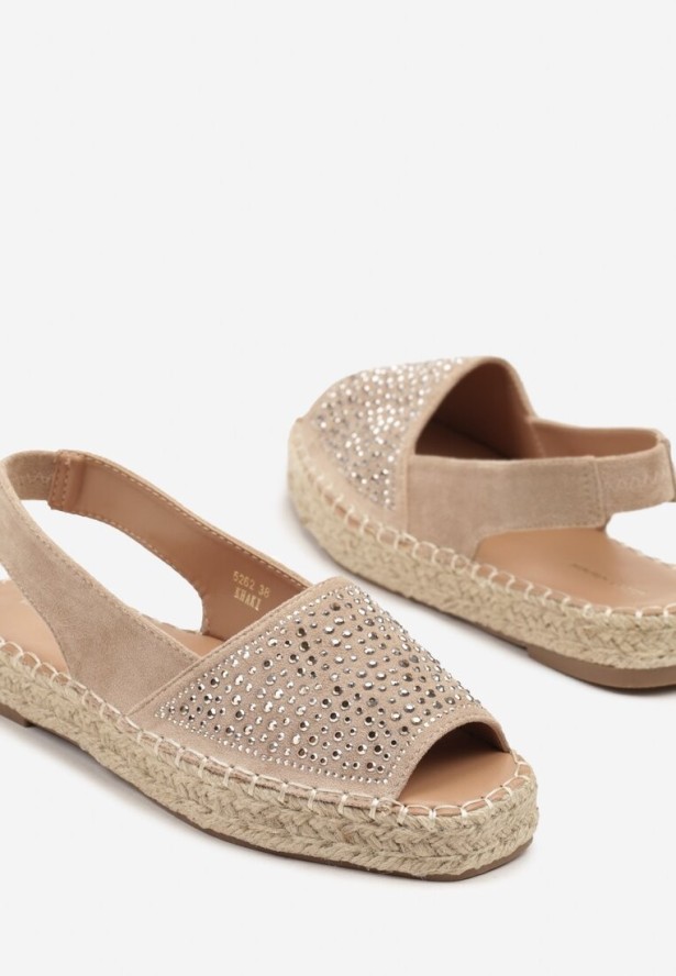 Ciemnobeżowe Sandały w Stylu Espadryli z Cyrkoniami na Podeszwie z Plecionki Neorwena