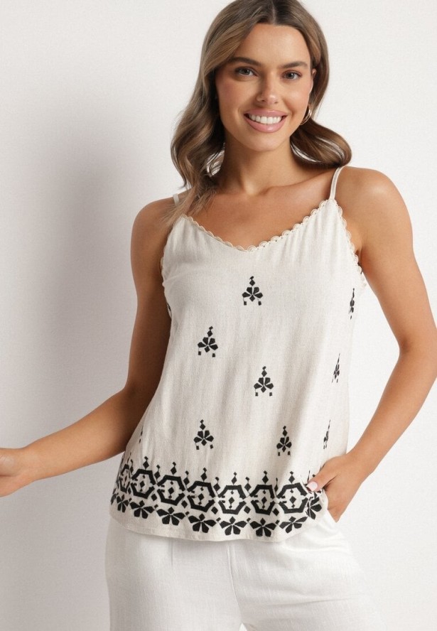 Czarny Top z Lnem i Wiskozą z Haftem w Stylu Boho Ronira