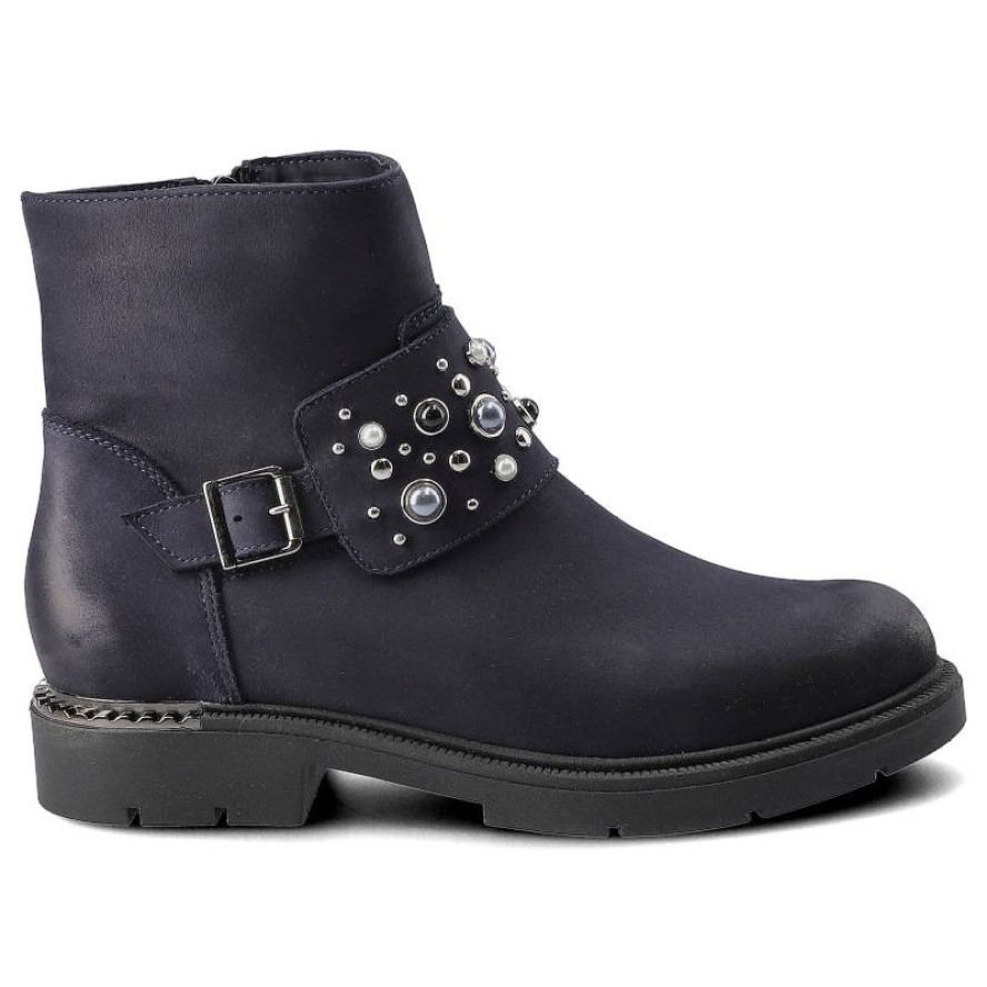 Botki damskie Carinii, płaskie ze skóry naturalnej, granatowe, B4483_-M07-000-POL-D06