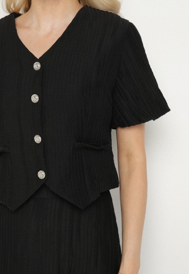 Czarny Wiskozowy Komplet z Rozkloszowaną Spódnicą i Koszulą Naniera