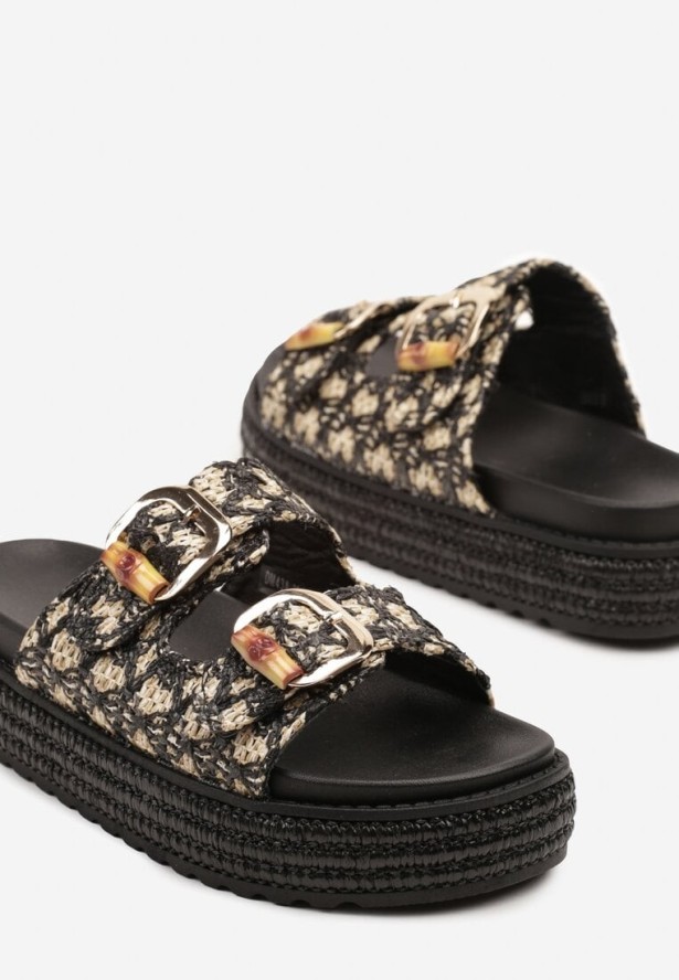 Czarne Klapki na Platformie z Plecionki z Paskami z Klamrami Sonadwen