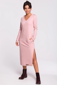 Długa sukienka dresowa kaptur i dekolt V bawełniana róż