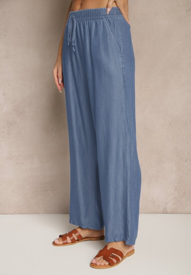 Niebieskie Bawełniane Spodnie o Szerokim Kroju z Wiązaniem Evipon