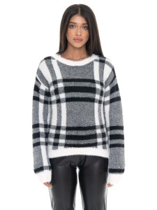Leone 1947 Glam Winter damski sweter w kratkę z okrągłym dekoltem i metką z logo