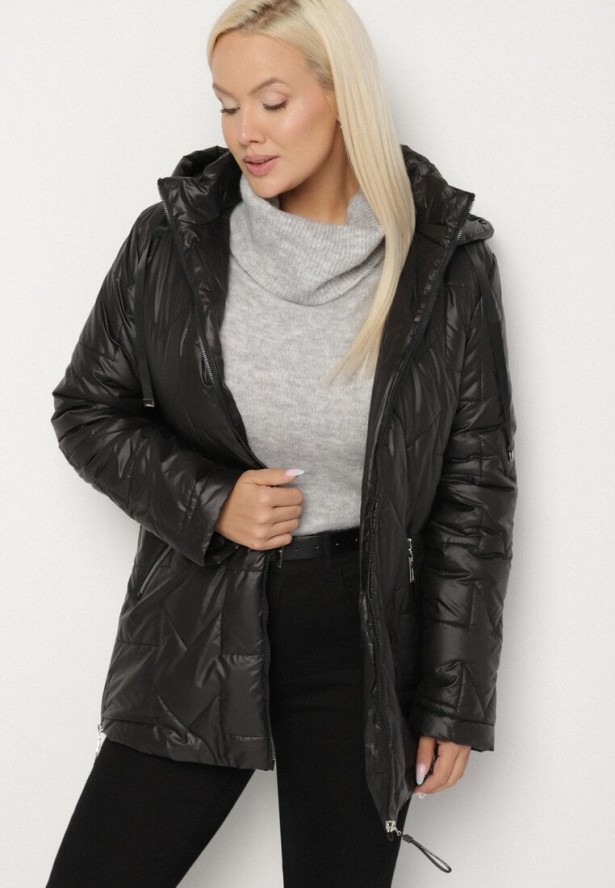 Czarna Pikowana Kurtka Ozdobiona Pikowaniem z Odpinanym Kapturem Falerosa