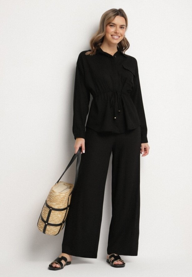 Czarny Komplet z Wiskozą Koszula Ściągana w Talii i Szerokie Spodnie Divellara