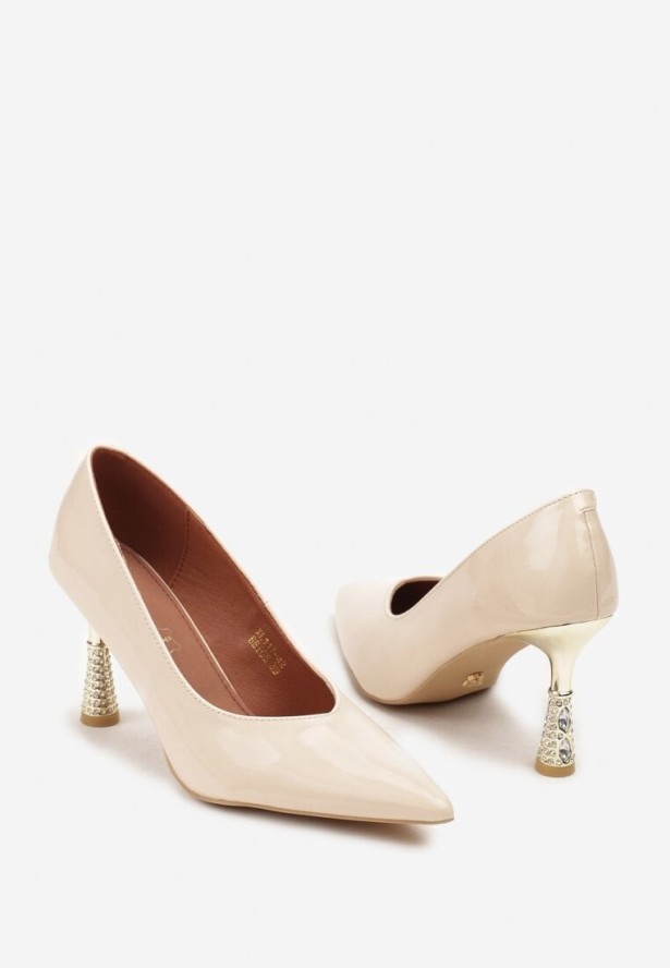 Jasnobeżowe Szpilki Vices ze Skórzaną Wkładką na Obcasie z Cyrkoniami Afirrive