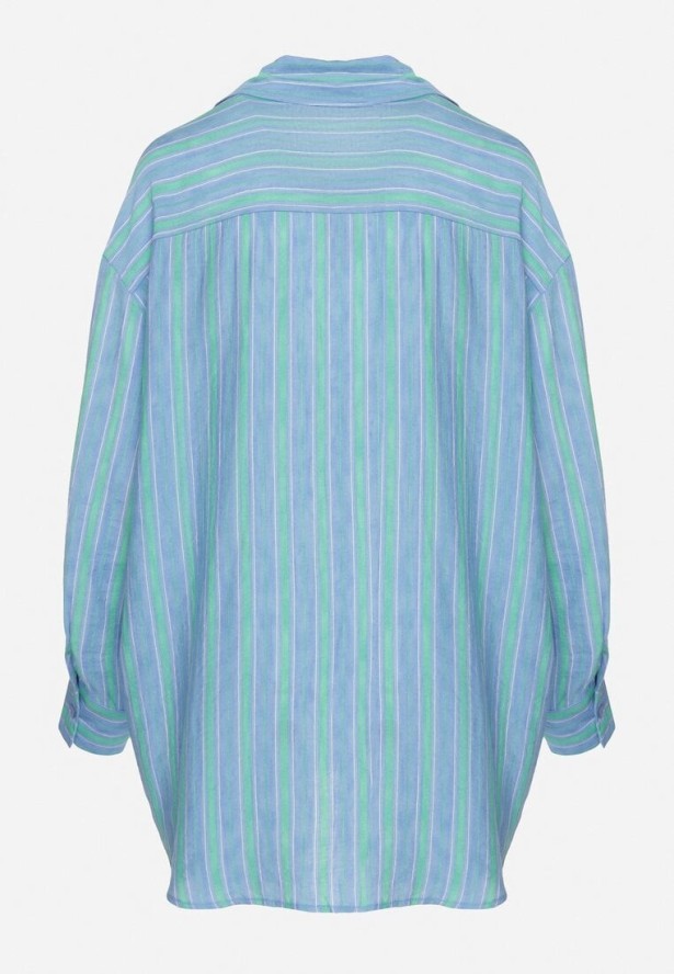 Niebieska Koszula z Wiskozą Ozdobiona Paskami Liavona