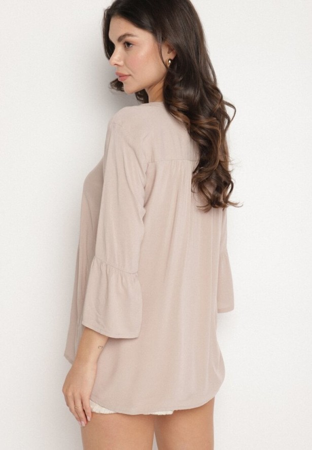 Ciemnobeżowa Wiskozowa Bluzka z Falbankami przy Rękawach Tialavelle